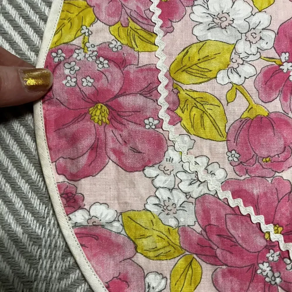 Pink Half Apron 60s Barbie Style Vintage Floral Yellow Ric Rac Pocket Waist Ties